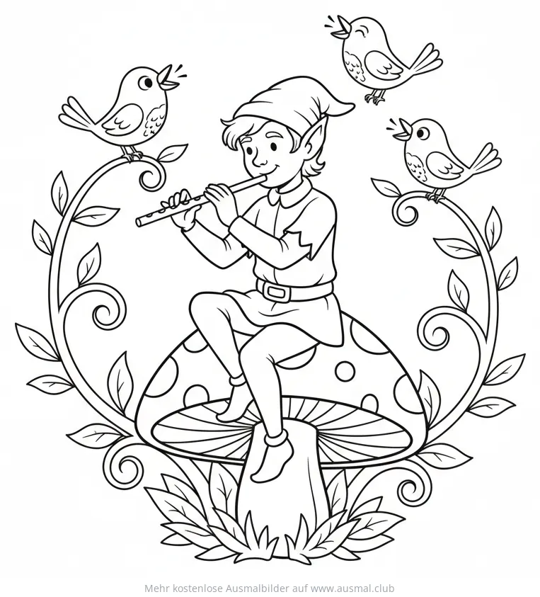 Elf spielt Flöte auf Pilz, umgeben von singenden Vögeln Ausmalbild