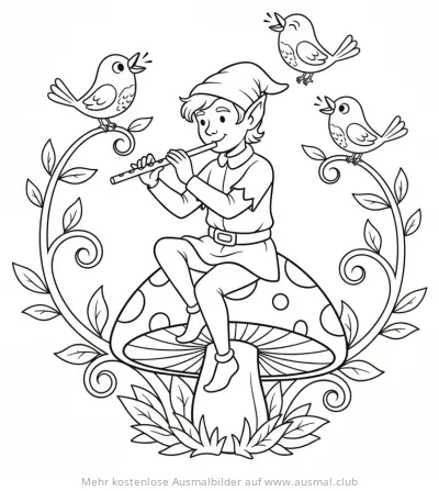Elf spielt Flöte auf Pilz, umgeben von singenden Vögeln Ausmalbild