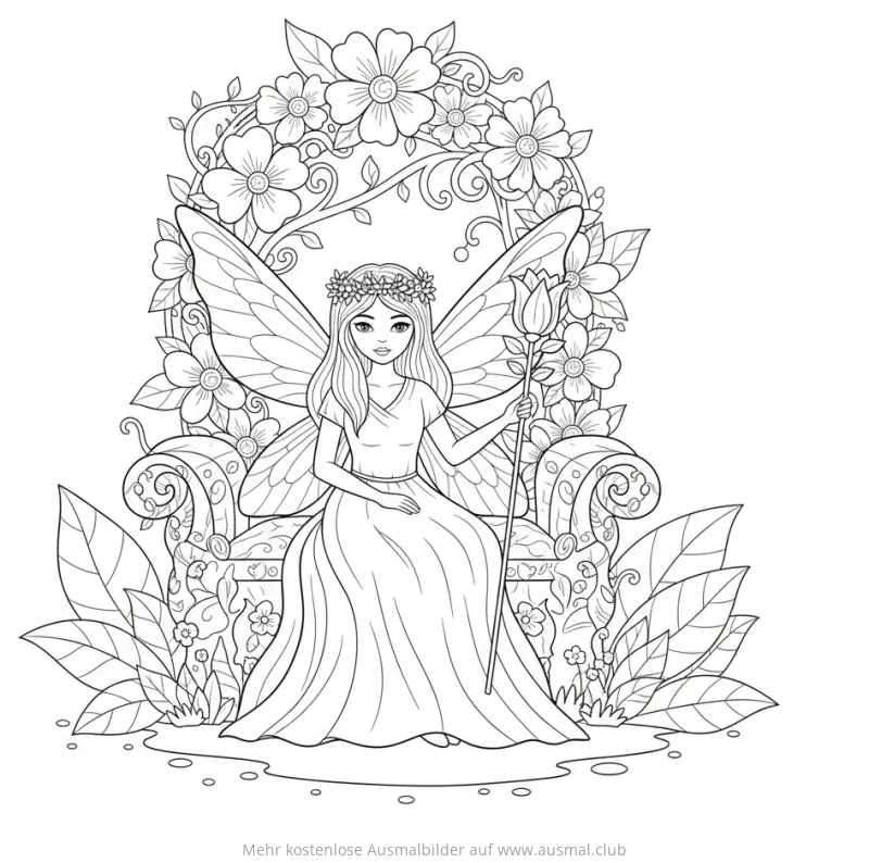Feen Königin auf Thron Ausmalbild mit Blumen