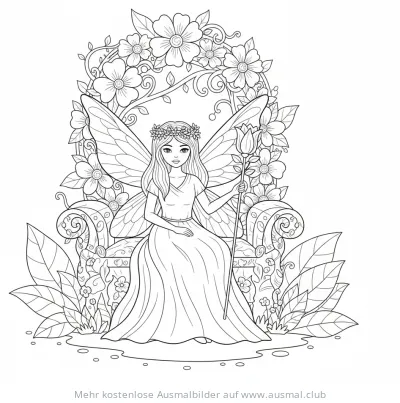 Feen Königin auf Thron Ausmalbild mit Blumen