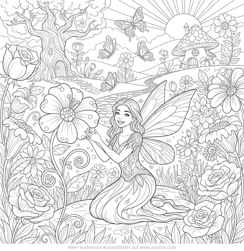 Blumenfee kniet im Garten Ausmalbild