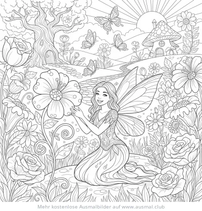 Blumenfee kniet im Garten Ausmalbild