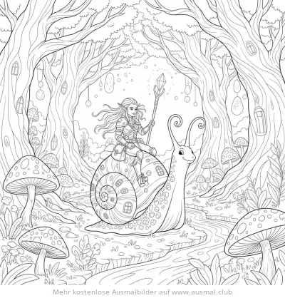 Elfe reitet auf Schnecke mit Häusern im Wald Ausmalbild