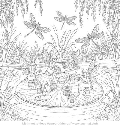 Feen veranstalten eine Tee Party auf einem Seerosenblatt Ausmalbild