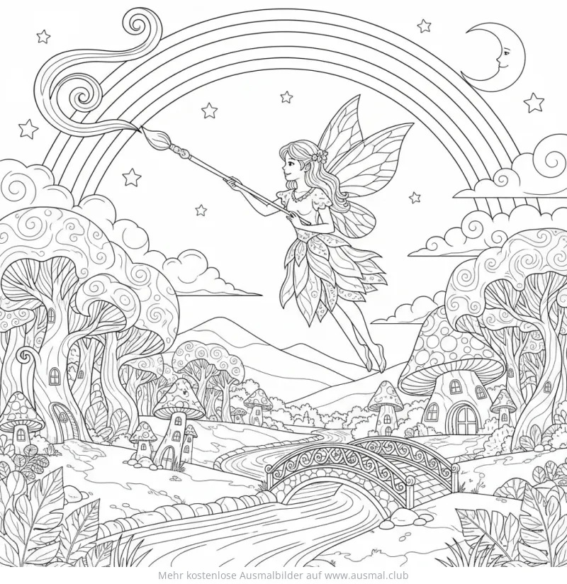 Fee malt Regenbogen in fantastischer Landschaft Ausmalbild