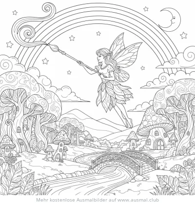 Fee malt Regenbogen in fantastischer Landschaft Ausmalbild
