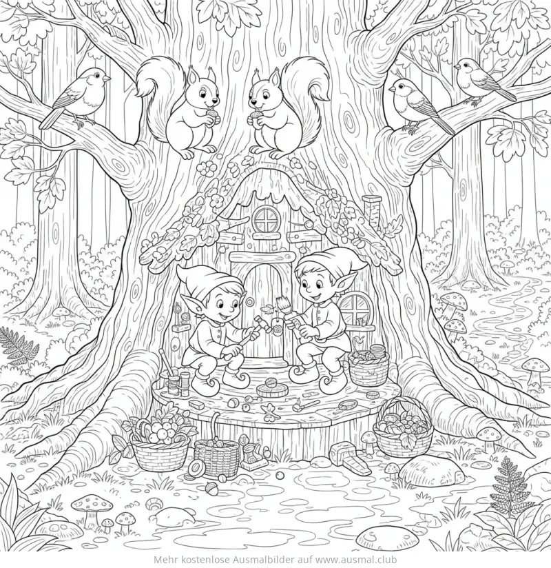 Elfenhaus Ausmalbild mit Elfen und Tieren
