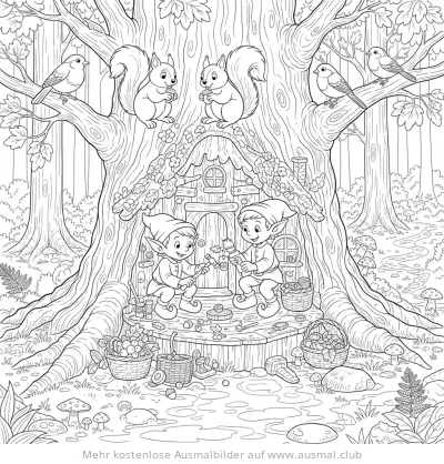Elfenhaus Ausmalbild mit Elfen und Tieren