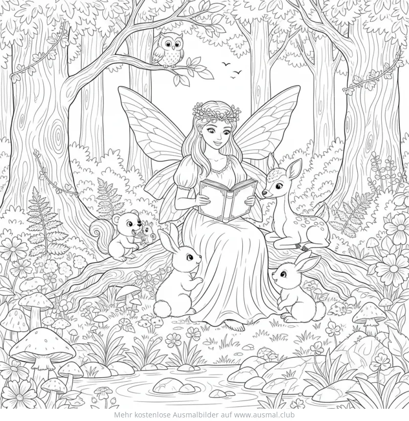 Fee liest Tieren im Wald vor Ausmalbild