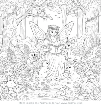 Fee liest Tieren im Wald vor Ausmalbild