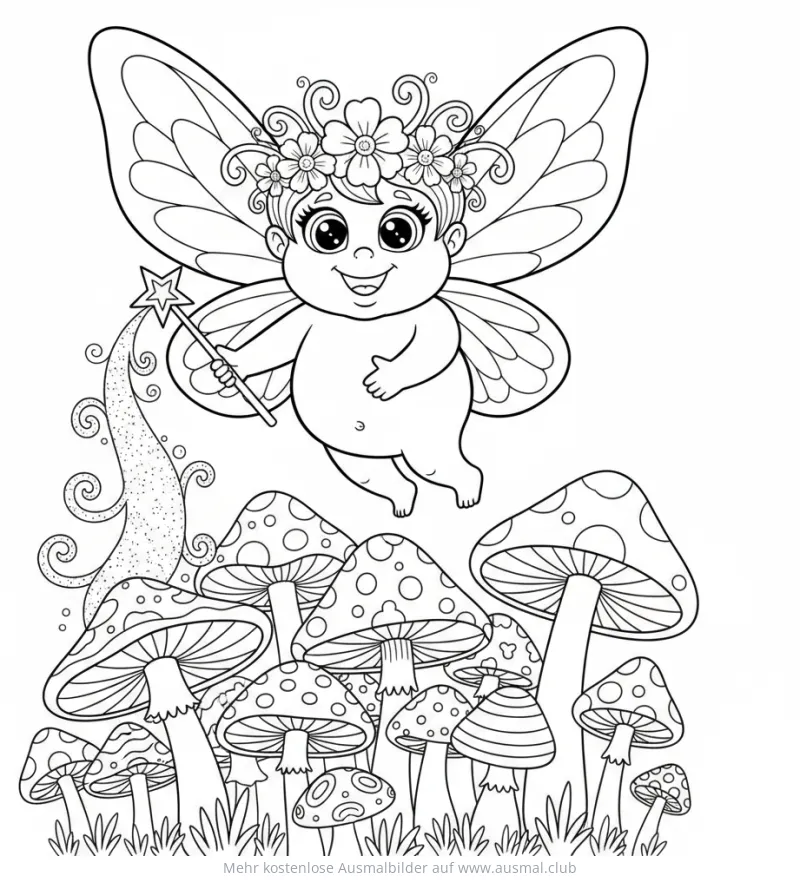 Fee mit Zauberstab über Pilzfeld Ausmalbild