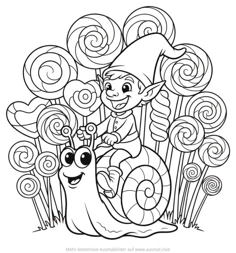Elf reitet auf Schnecke durch Lutscher-Land Ausmalbild