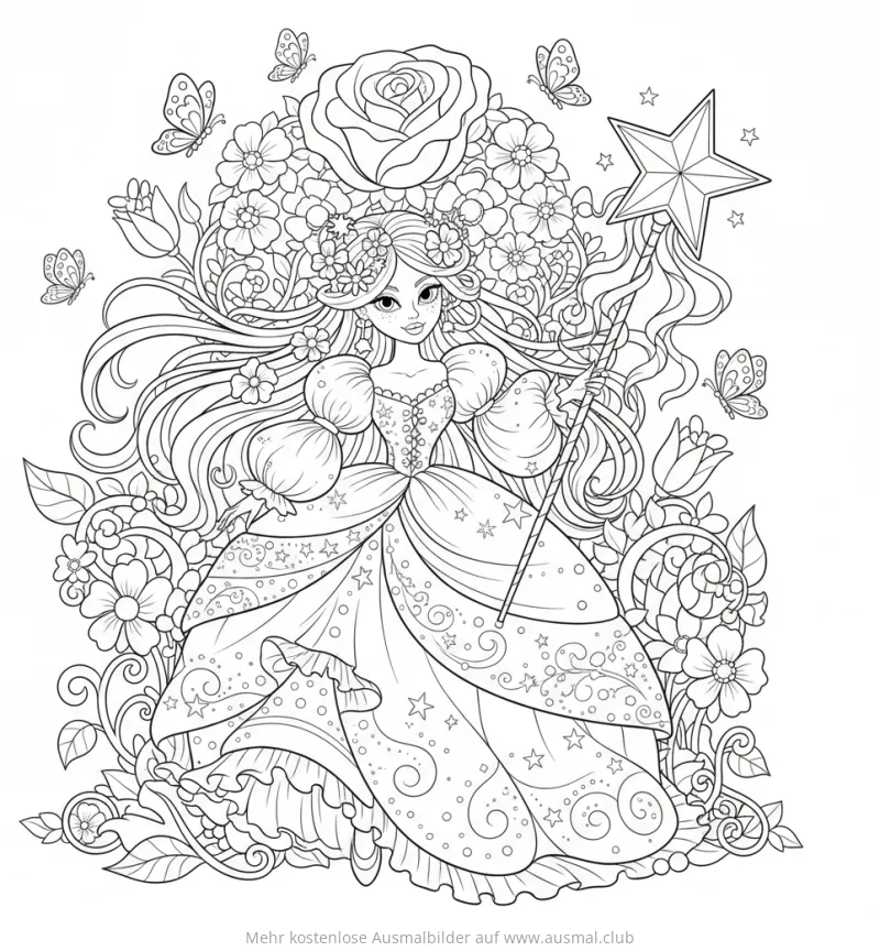Feenprinzessin mit Blumen und Schmetterlingen Ausmalbild