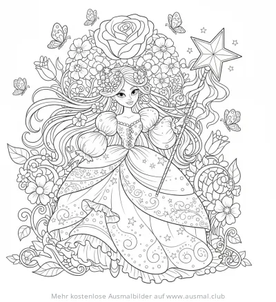 Feenprinzessin mit Blumen und Schmetterlingen Ausmalbild