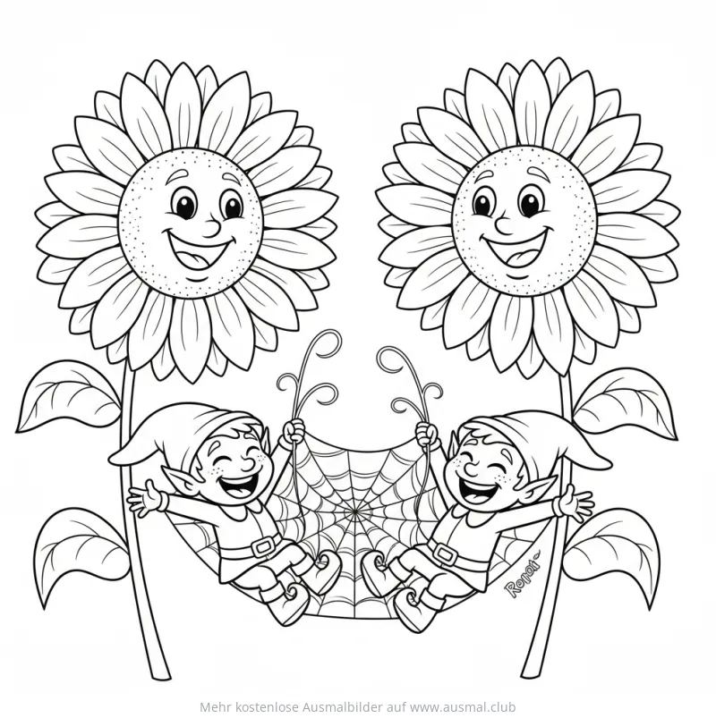 Zwei Elfen im Spinnennetz zwischen Sonnenblumen Ausmalbild