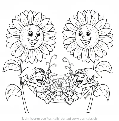 Zwei Elfen im Spinnennetz zwischen Sonnenblumen Ausmalbild