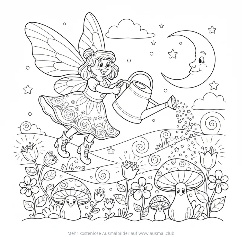 Fee mit Gießkanne im Garten Ausmalbild