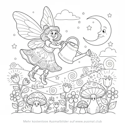 Fee mit Gießkanne im Garten Ausmalbild