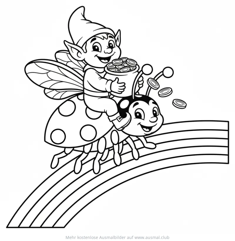 Elf reitet auf Marienkäfer mit Goldtopf Ausmalbild