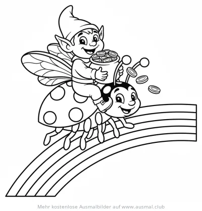 Elf reitet auf Marienkäfer mit Goldtopf Ausmalbild