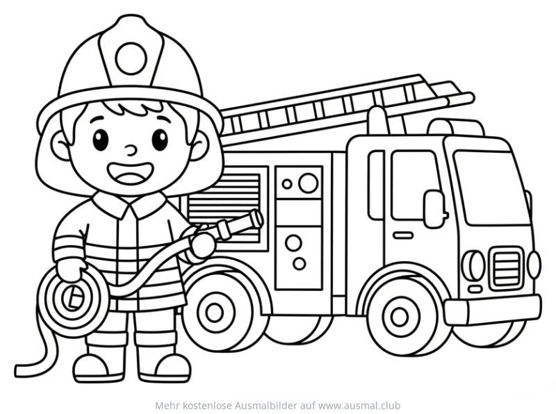 Feuerwehrmann mit Schlauch vor Feuerwehrauto Ausmalbild