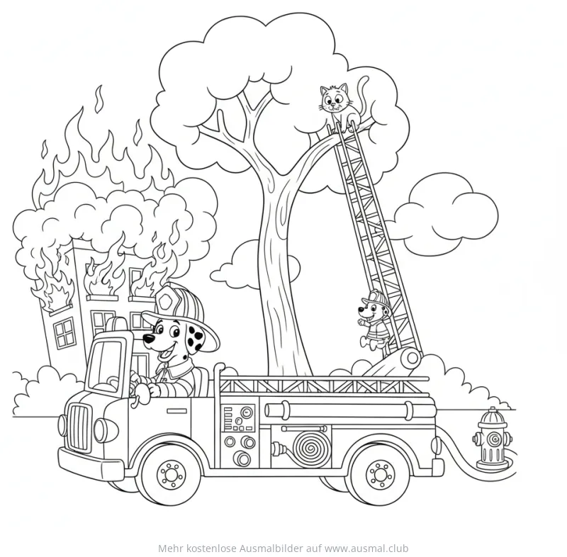Dalmatiner im Feuerwehrauto und auf Leiter, Ausmalbild