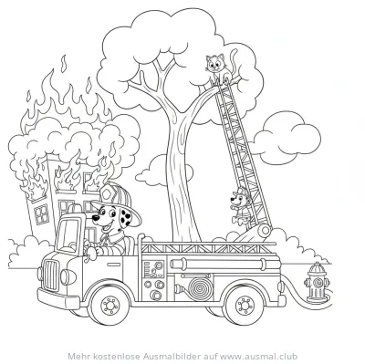 Dalmatiner im Feuerwehrauto und auf Leiter, Ausmalbild