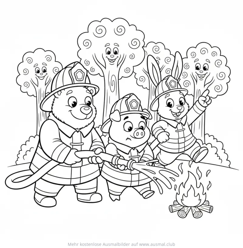 Bär, Schwein und Hase als Feuerwehrleute beim Löschen eines Feuers Ausmalbild