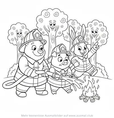 Bär, Schwein und Hase als Feuerwehrleute beim Löschen eines Feuers Ausmalbild