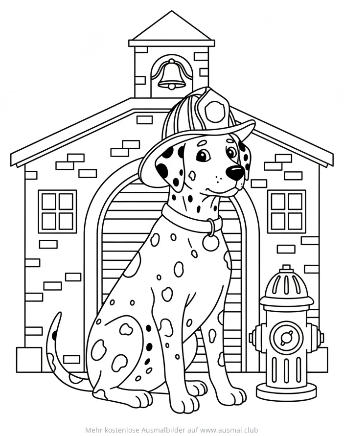 Dalmatiner mit Feuerwehrhelm vor Feuerwehrhaus Ausmalbild