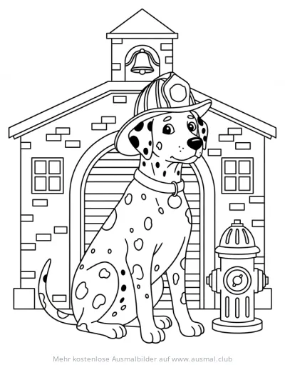 Dalmatiner mit Feuerwehrhelm vor Feuerwehrhaus Ausmalbild