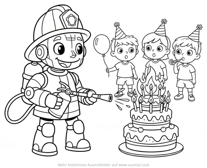 Feuerwehr Roboter löscht Geburtstagstorte Ausmalbild