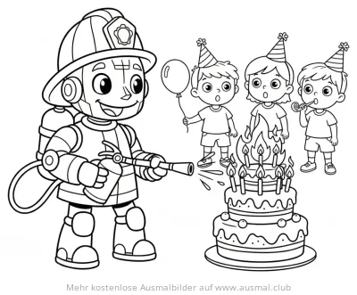 Feuerwehr Roboter löscht Geburtstagstorte Ausmalbild