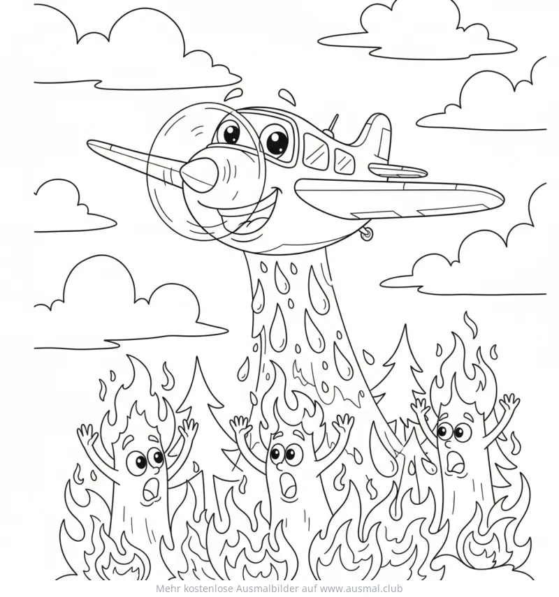 Freundliches Feuerwehrflugzeug löscht Waldbrand Ausmalbild
