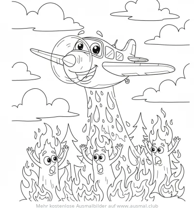 Freundliches Feuerwehrflugzeug löscht Waldbrand Ausmalbild