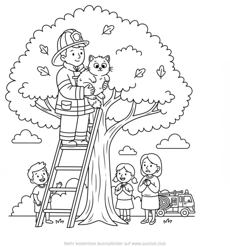Feuerwehrmann rettet Katze vom Baum Ausmalbild