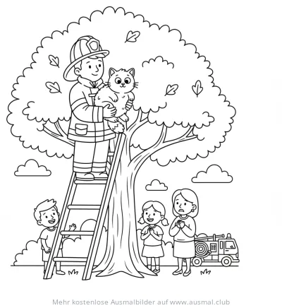 Feuerwehrmann rettet Katze vom Baum Ausmalbild
