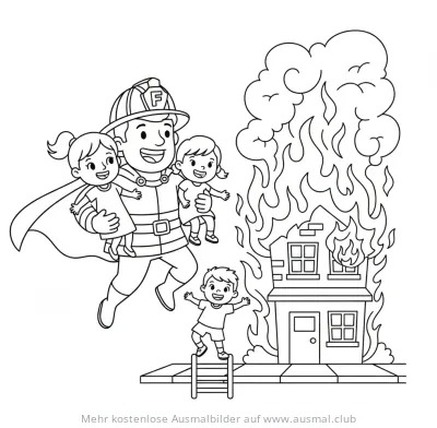 Feuerwehrmann rettet Kinder aus brennendem Haus Ausmalbild