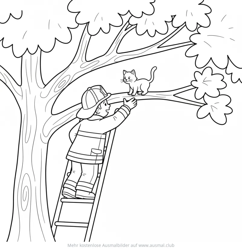 Feuerwehrmann rettet Katze vom Baum Ausmalbild