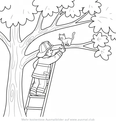 Feuerwehrmann rettet Katze vom Baum Ausmalbild