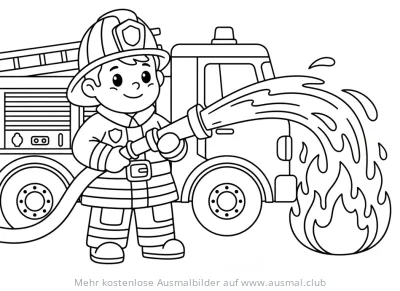 Feuerwehrmann mit Schlauch löscht Feuer Ausmalbild