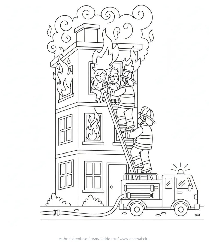 Feuerwehrleute retten Kinder aus brennendem Gebäude Ausmalbild