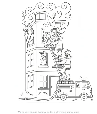 Feuerwehrleute retten Kinder aus brennendem Gebäude Ausmalbild