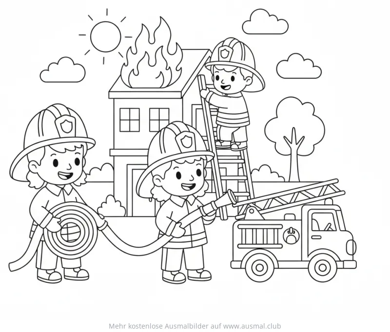 Feuerwehrleute beim Training mit brennendem Haus Ausmalbild