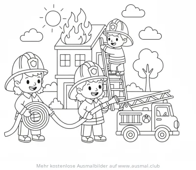 Feuerwehrleute beim Training mit brennendem Haus Ausmalbild