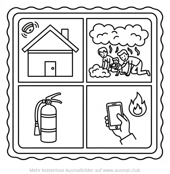 Brandschutz Maßnahmen Ausmalbild mit Haus, Familie, Feuerlöscher und Notruf