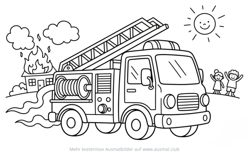 Feuerwehrauto im Einsatz mit brennendem Haus Ausmalbild