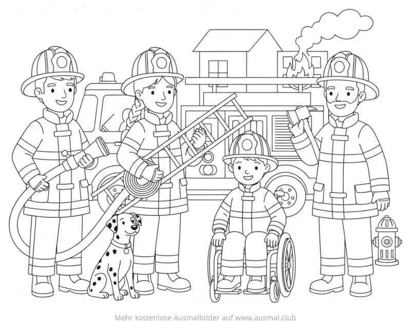 Feuerwehr Team mit Kind im Rollstuhl und Dalmatiner vor brennendem Haus Ausmalbild