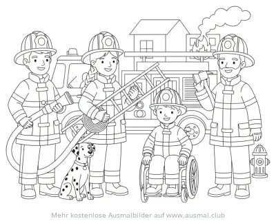 Feuerwehr Team mit Kind im Rollstuhl und Dalmatiner vor brennendem Haus Ausmalbild