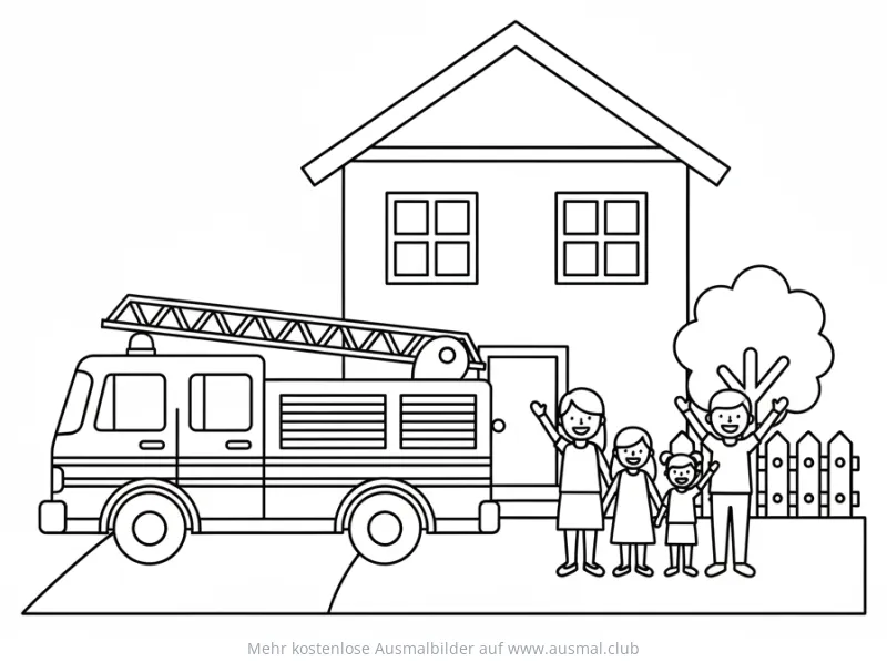 Feuerwehr mit Familie winkt Ausmalbild